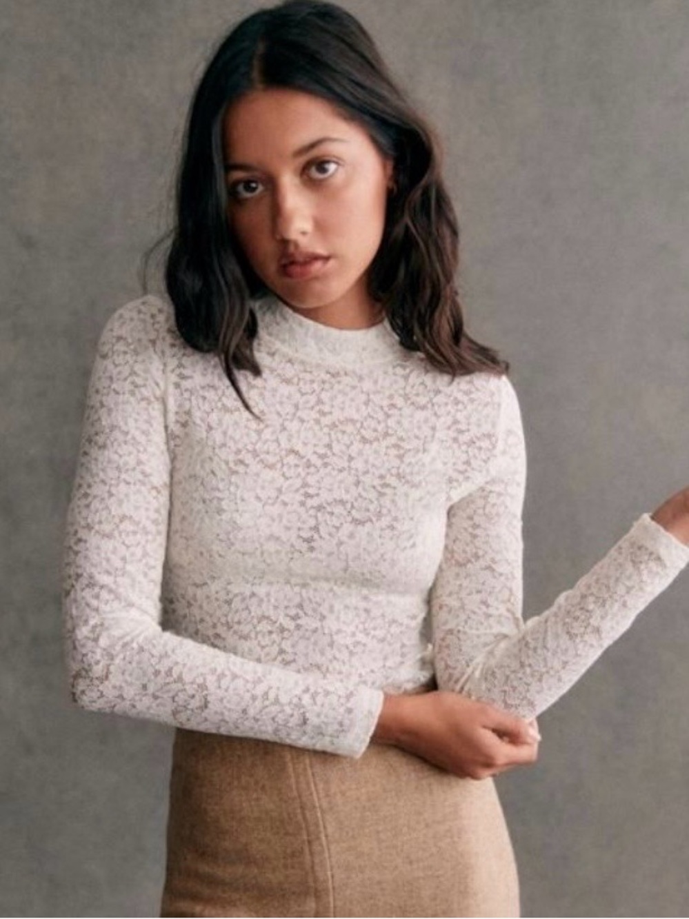 Sezane White Lace Long-Sleeve Mock Neck Top